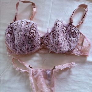 Preowned Lejaby Very Sexy Pink Blush And Brown Details Lingerie Set Sz 36D/Med